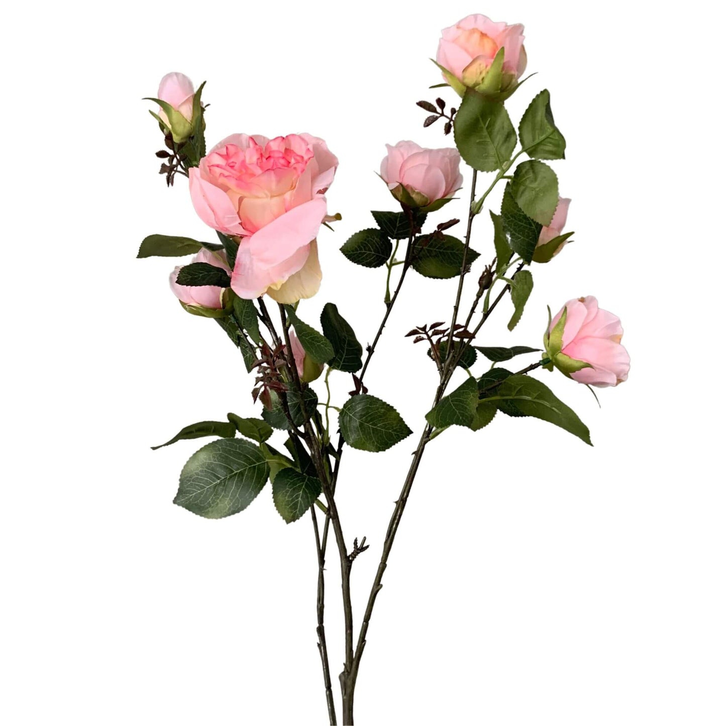 Zijden rozen tak met meerdere roze rozen